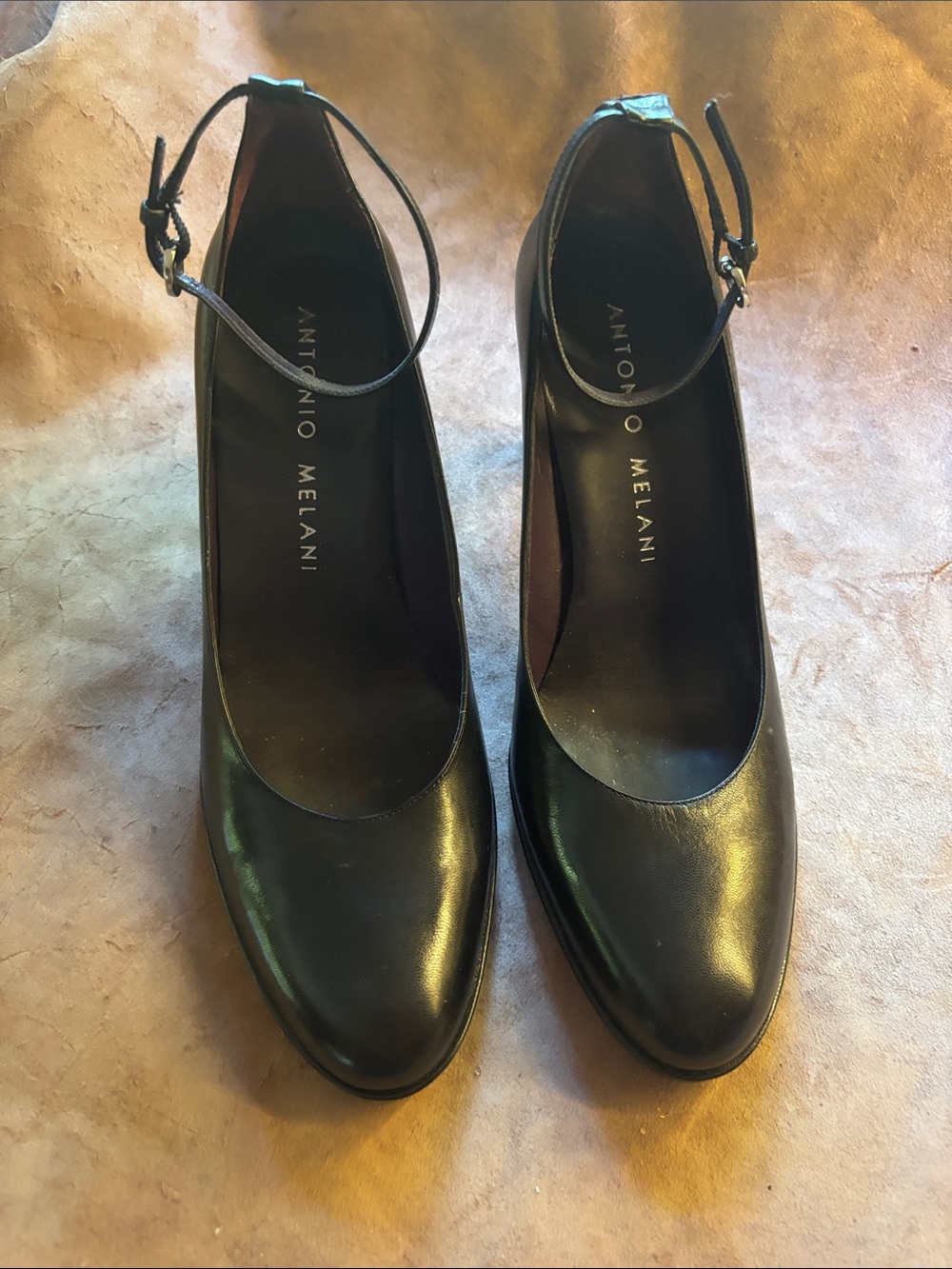 ANTONIO MELANI Black Leather Ankle-Strap Pointed Pumps